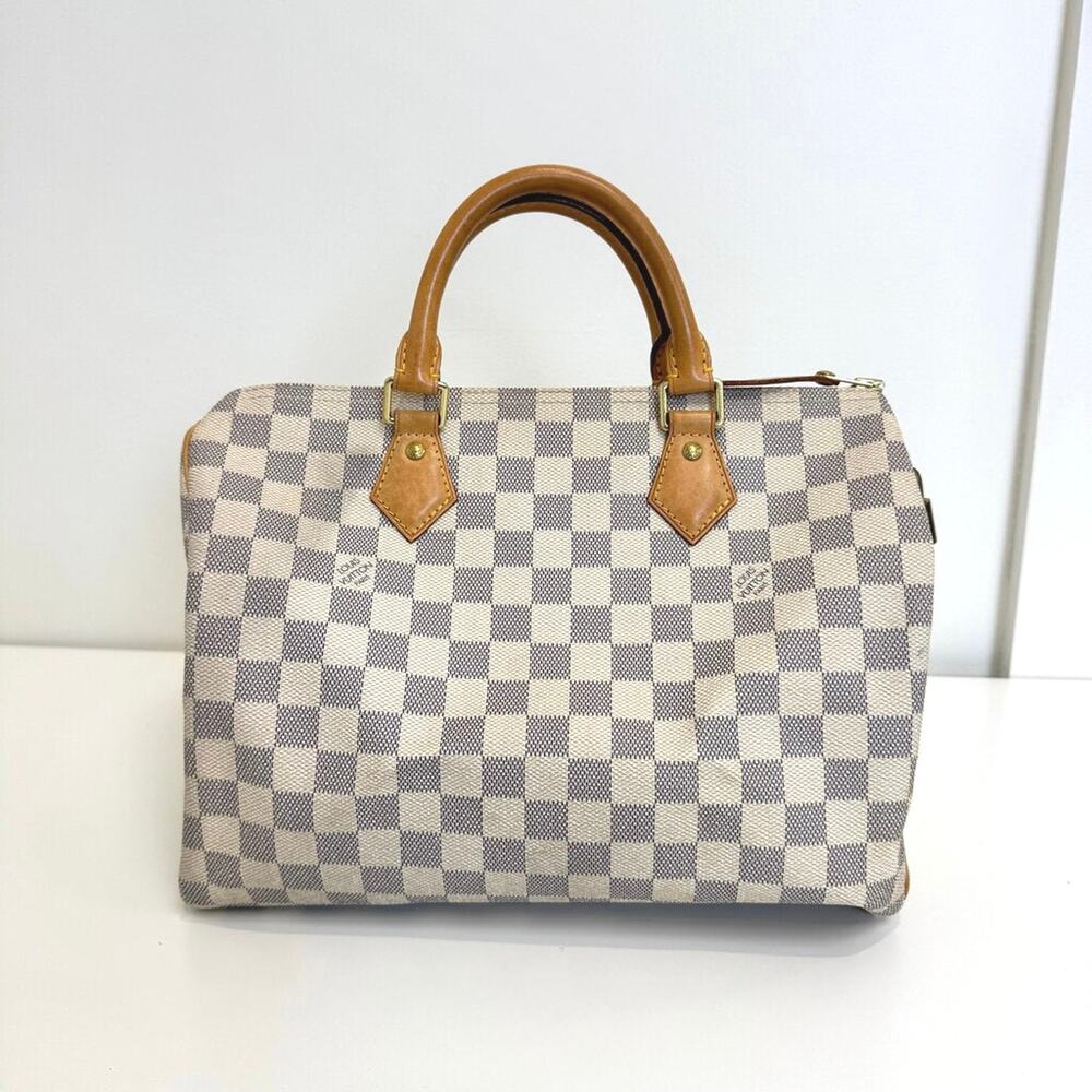 LOUIS VUITTON Speedy Damier Azur 30 Canvas Boston Leather Handbag LV Check Bag
